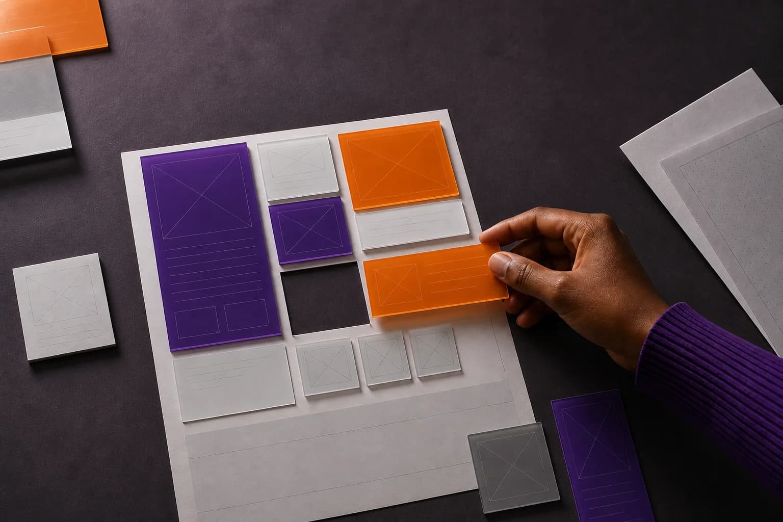 Módulos de interface em diferentes formatos sendo organizados sobre uma mesa